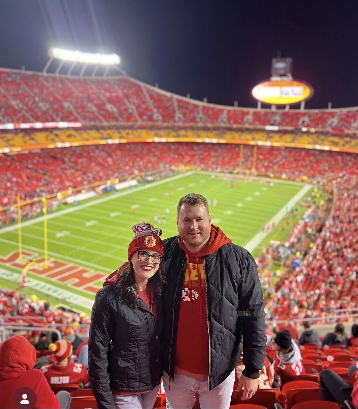 Ethan and his wife at Arrowhead Stadium cheering on the Kansas City Chiefs