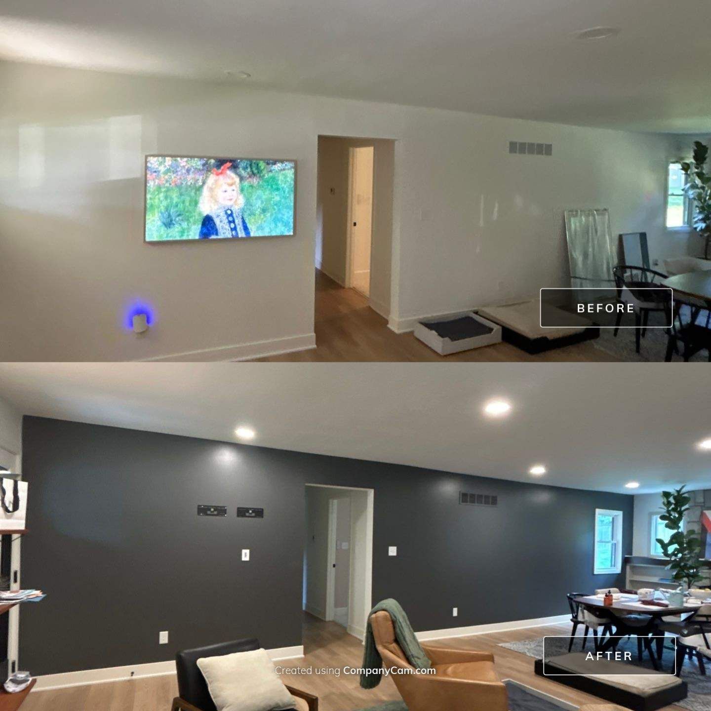 Before and after — living room with new dark accent wall painted by EverPro Painting