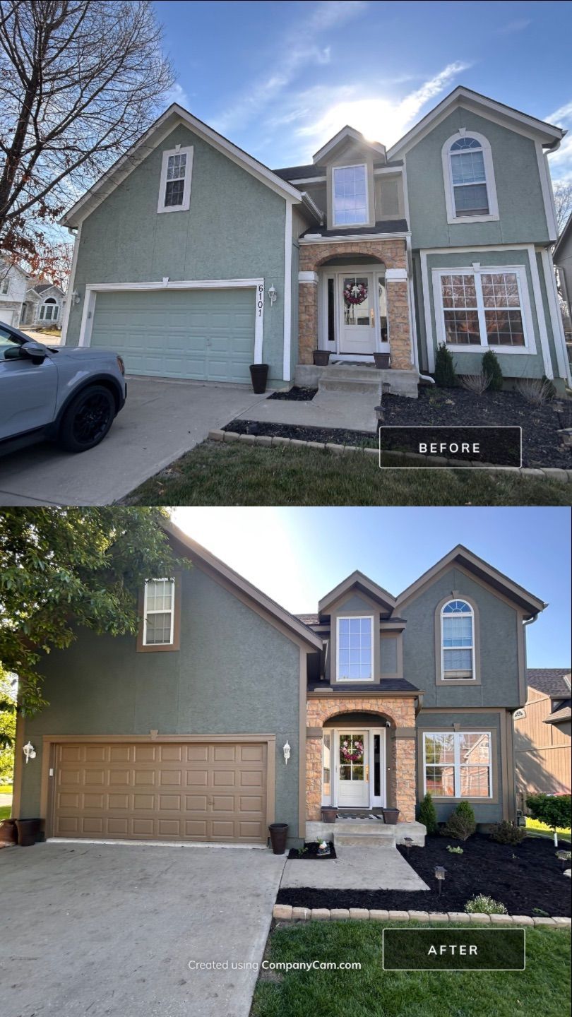 Before and after — faded stucco repainted deep green with tan trim in Kansas City by EverPro Painting