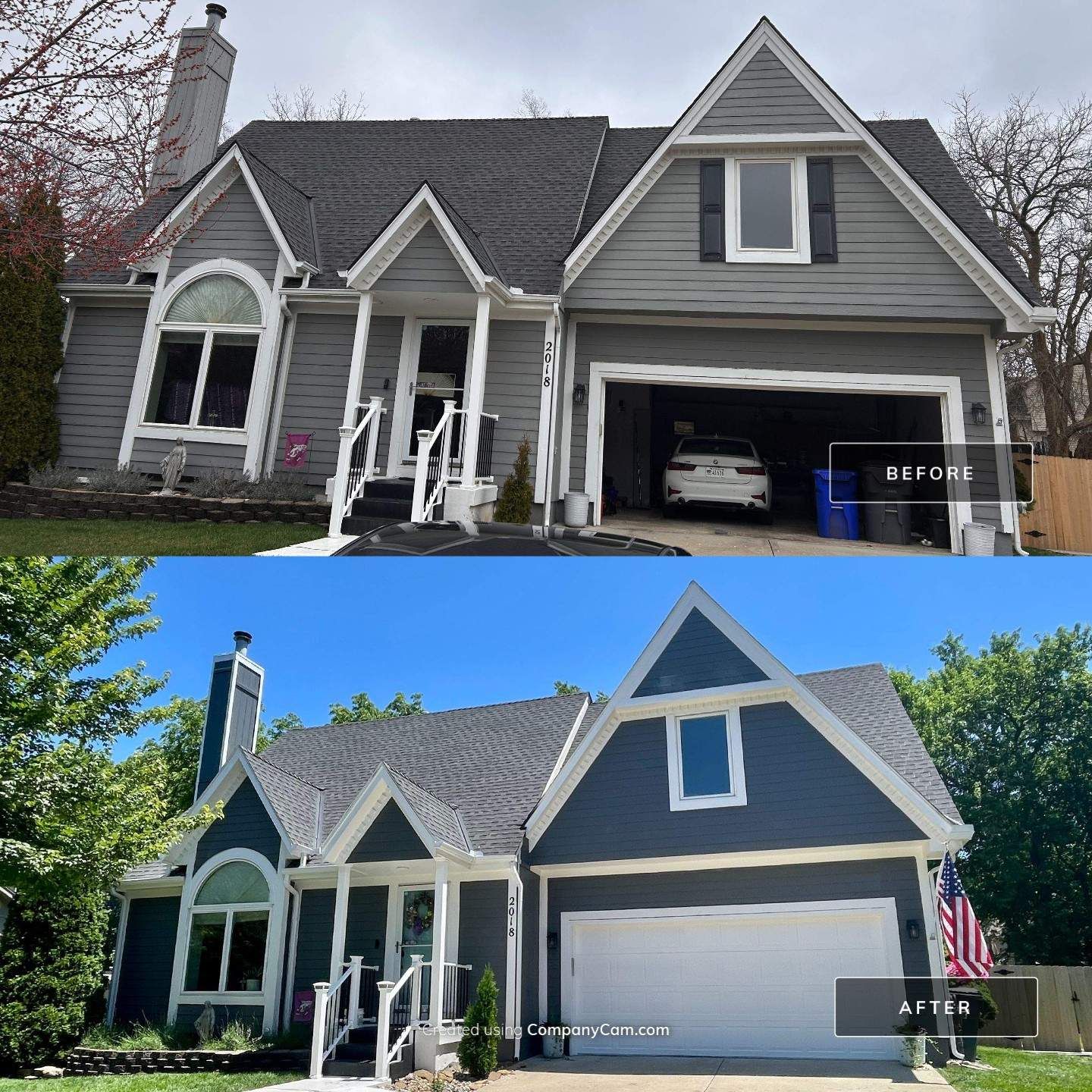 Before and after — gray exterior repainted rich blue with crisp white trim in Kansas City