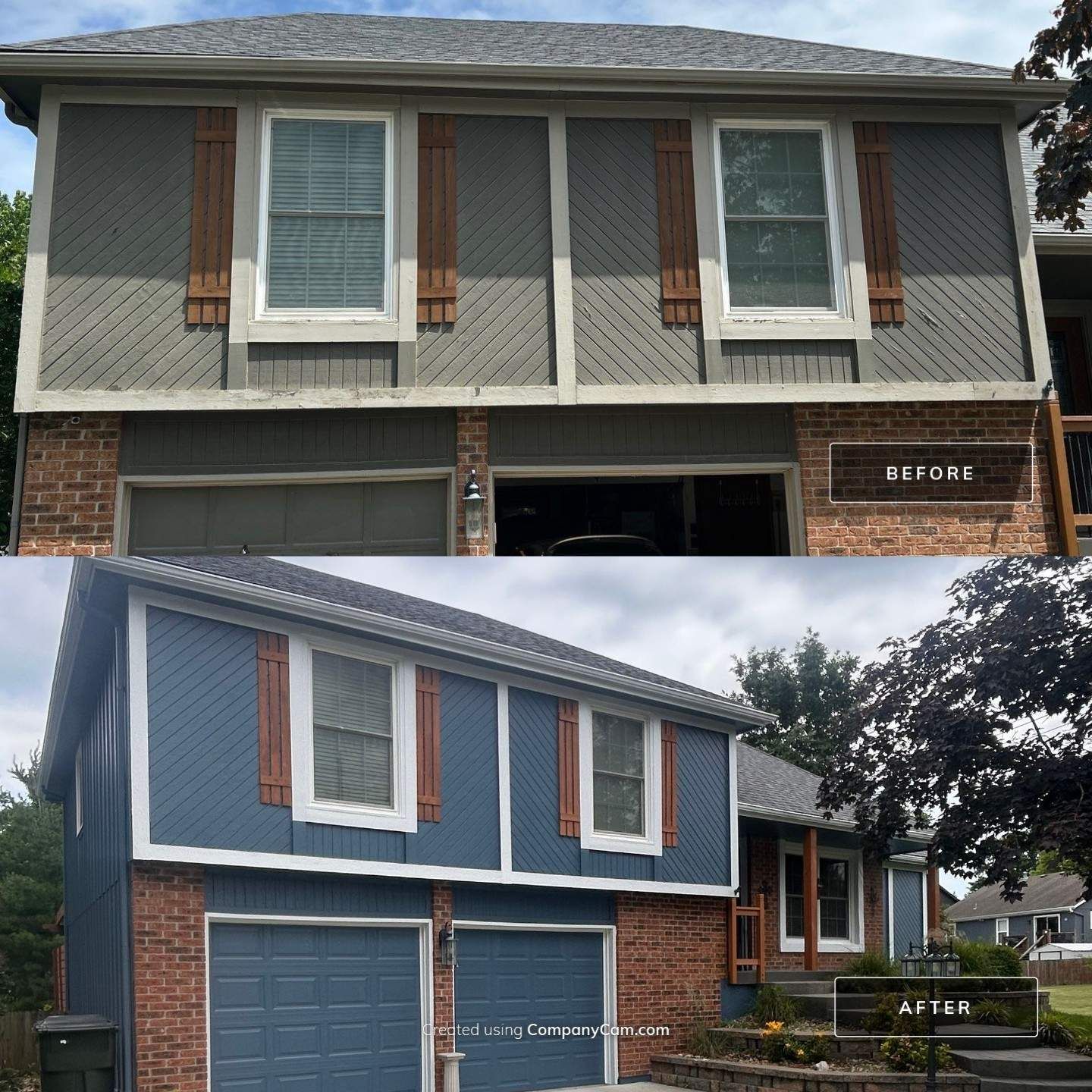 Before and after — worn diagonal siding repainted deep blue over brick in Kansas City