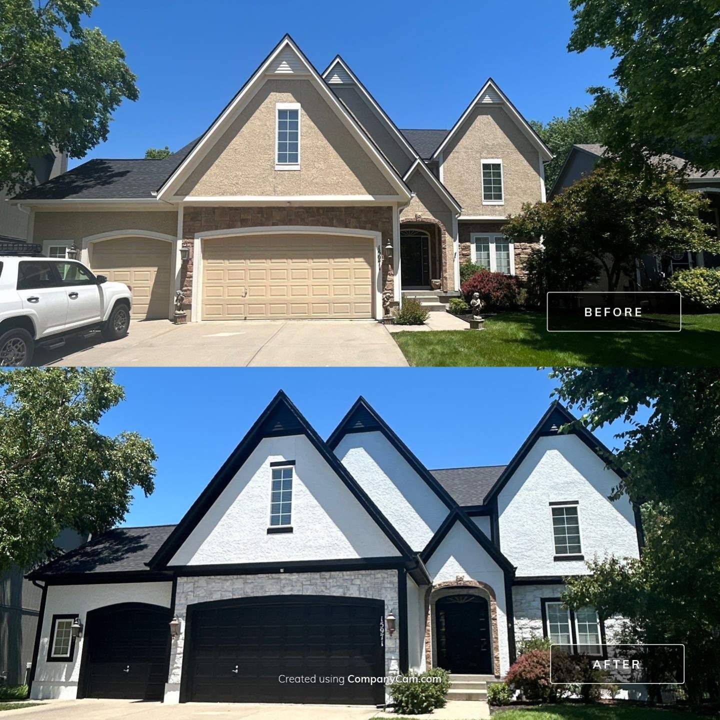 Before and after — tan stucco transformed to Pure White with black accents in Kansas City