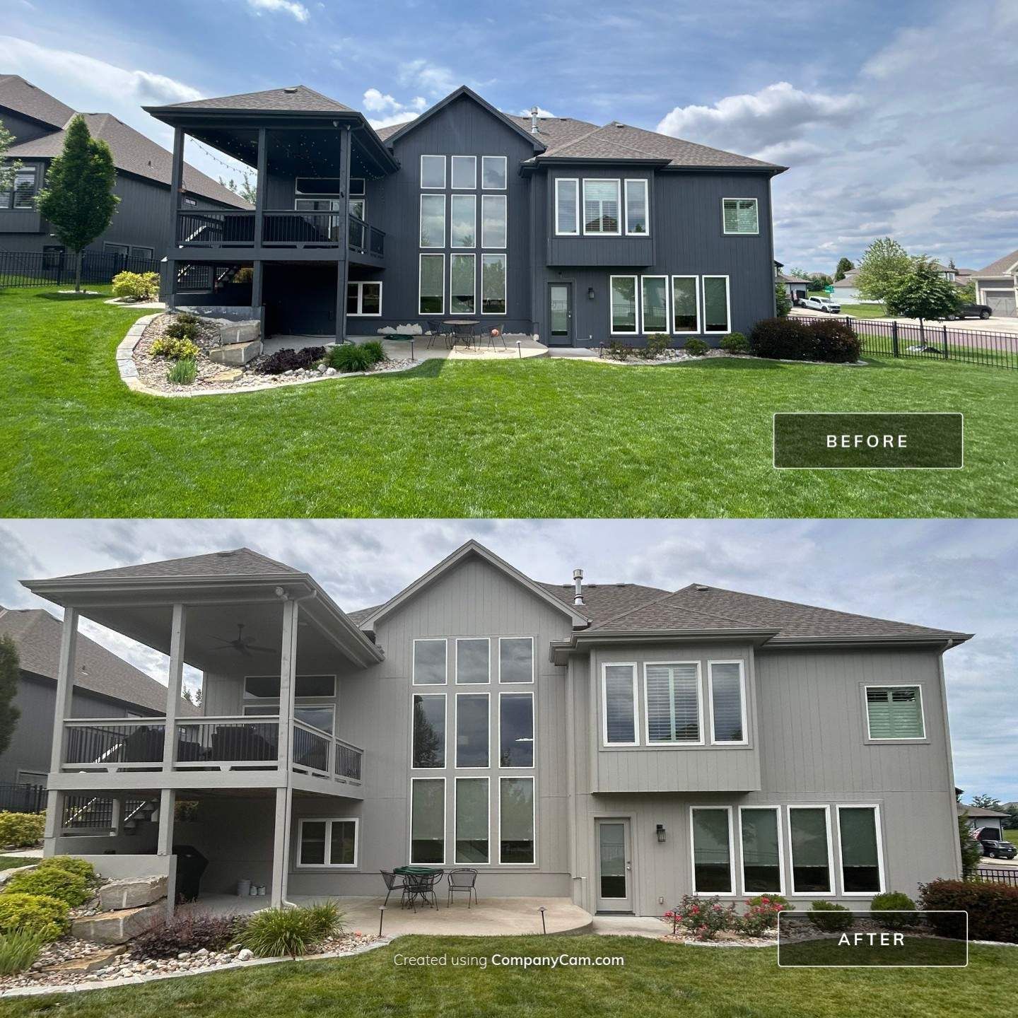 Before and after — large Kansas City home repainted from dark navy to a light warm greige