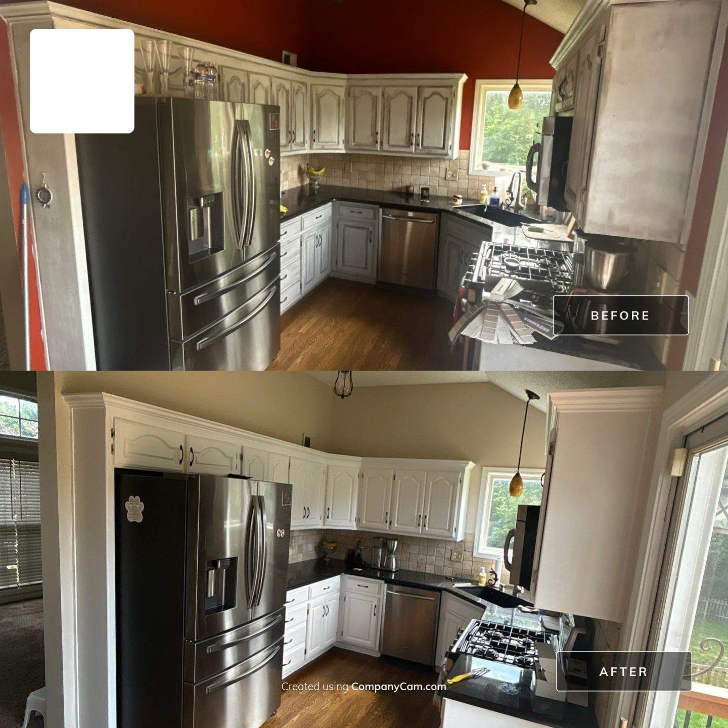 Before and after oak kitchen cabinets refinished white in Kansas City