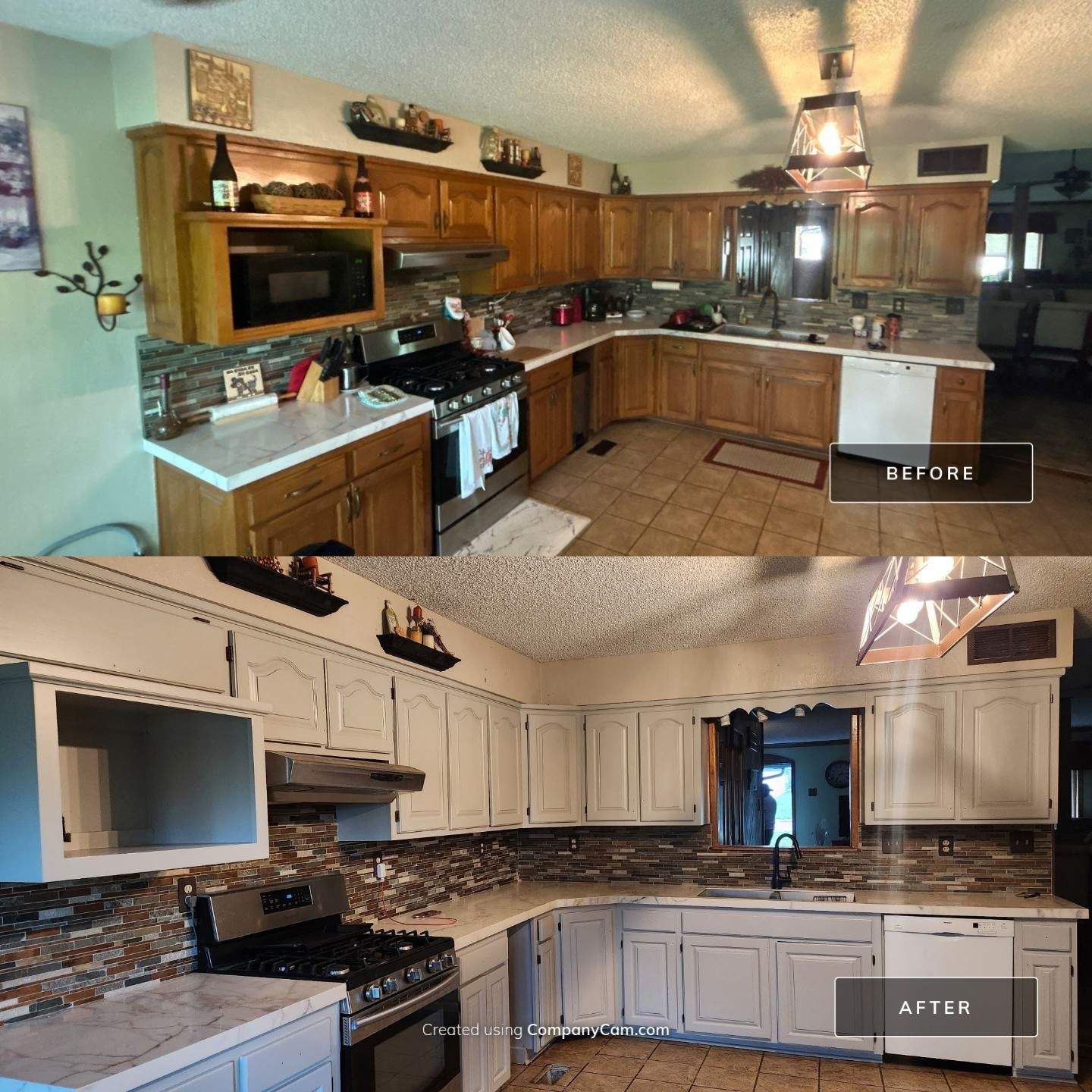 Before and after — golden oak kitchen cabinets refinished in a soft white sprayed enamel, Kansas City