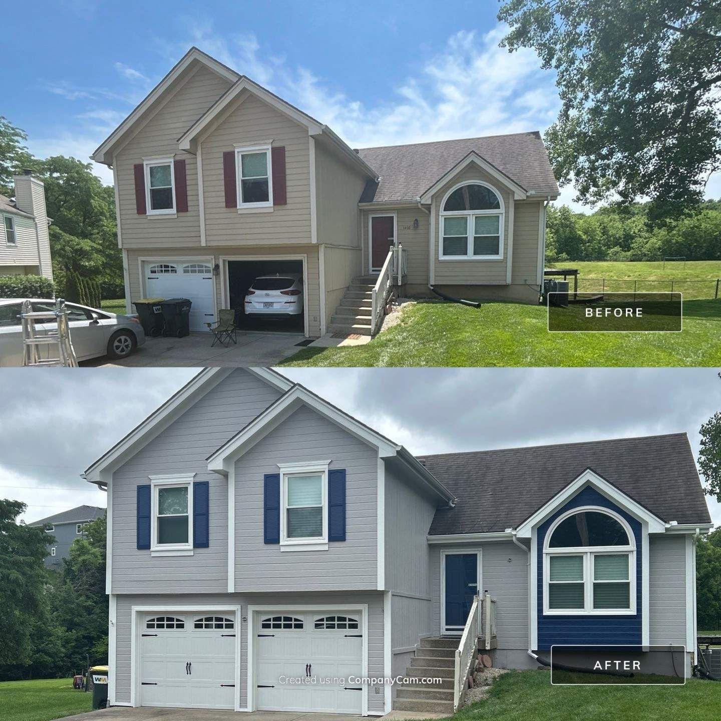 Before and after — tan split-level repainted light gray with navy shutters in Olathe