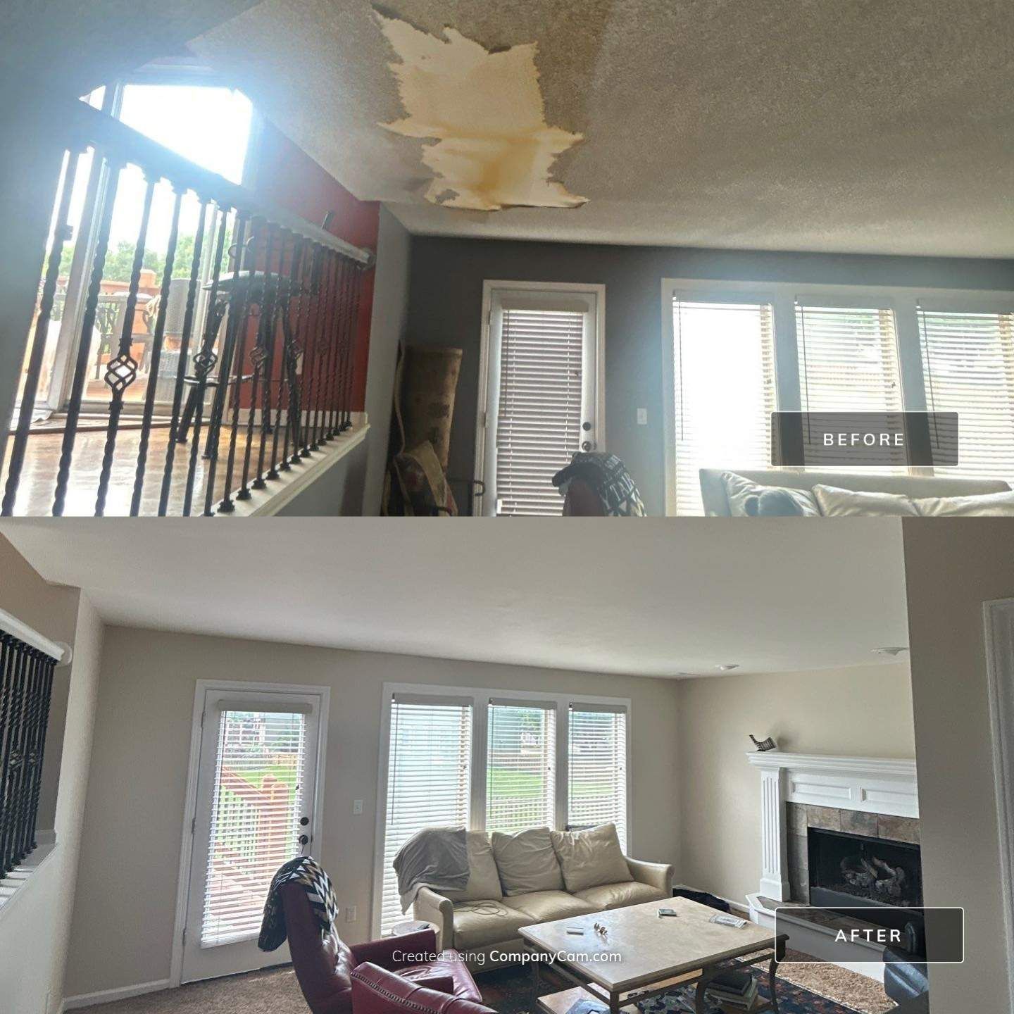 Water damaged ceiling repaired and living room repainted — before and after, Kansas City